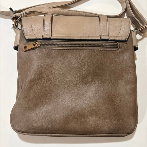 ALYSSA Double Compartment Flap Crossbody Bag Taupe Faux Leather Gold Hardware - Picture 3 of 12